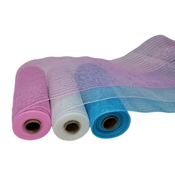 Gender Reveal 10" Wide Poly Mesh Ribbon Rolls, 10 Yards (Pink, Blue and White) - Picture 5 of 5